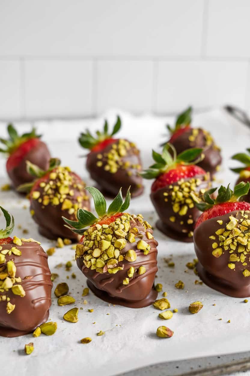 An indoor countertop scene featuring glossy chocolate-covered strawberries sprinkled with finely chopped pistachios, arranged on parchment paper. No text or logos in frame.
