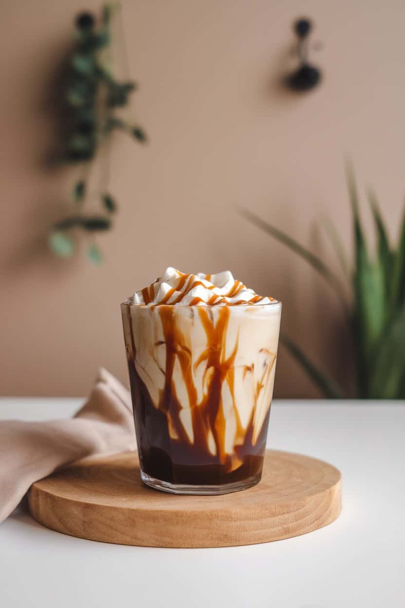 Indoor café counter photo of a clear glass swirling with dark cold brew, beige oat milk ribbons, and a drizzle of caramel sauce; no text or logos.