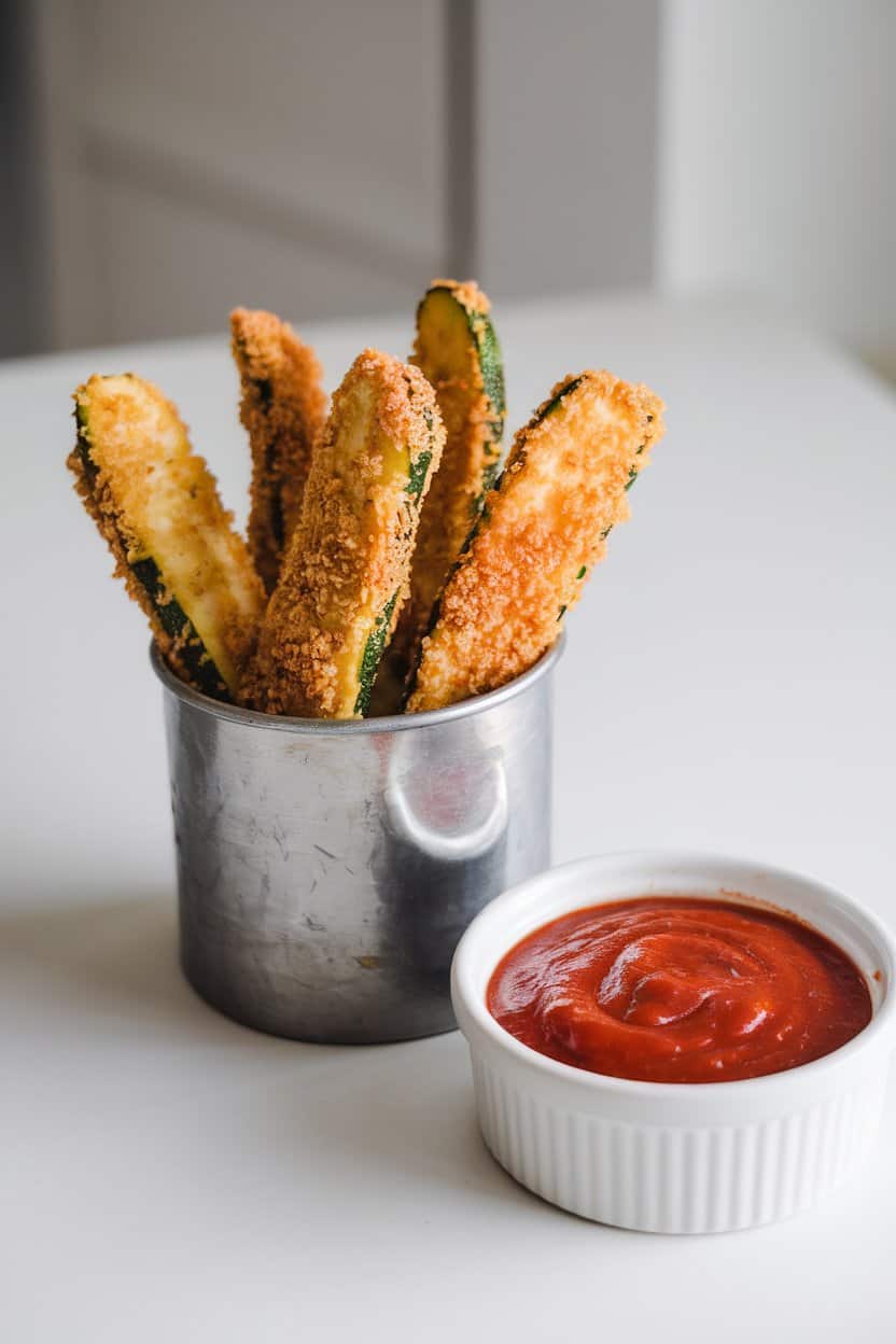 Indoor photo of golden breaded zucchini sticks in a metal cup with a ramekin of marinara sauce. No text or logos.