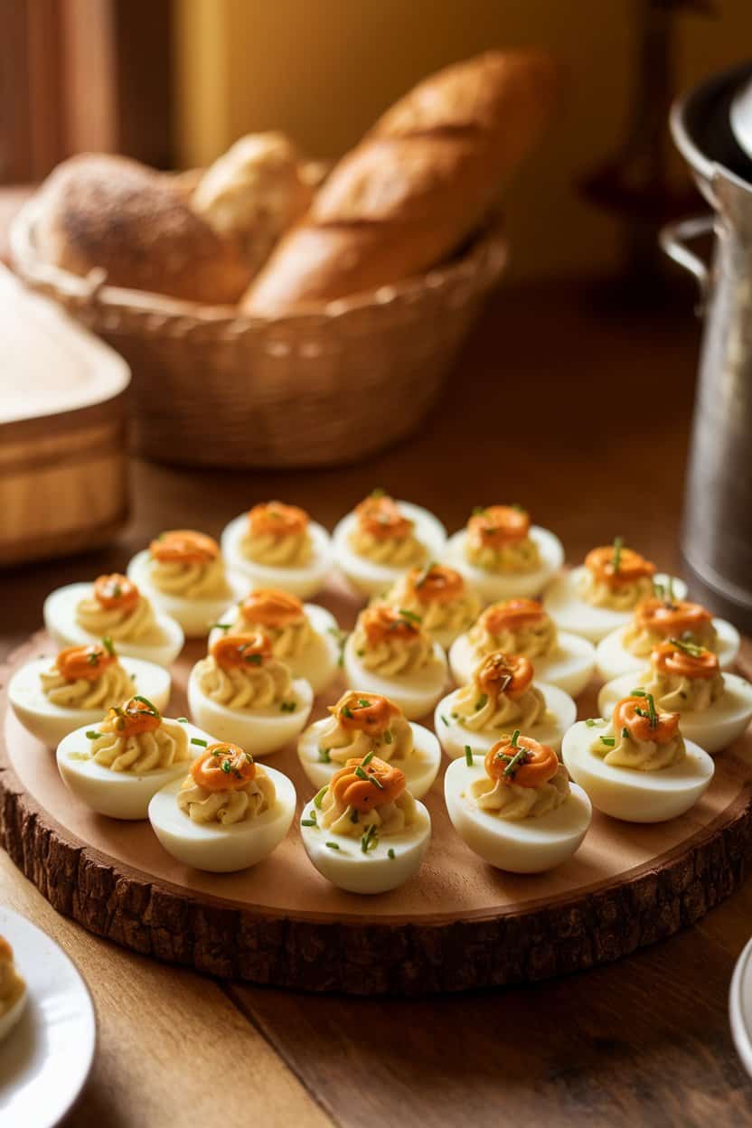 An indoor platter of halved deviled eggs topped with delicate sriracha swirls and chives, warm dining-room lighting, no text or logos.