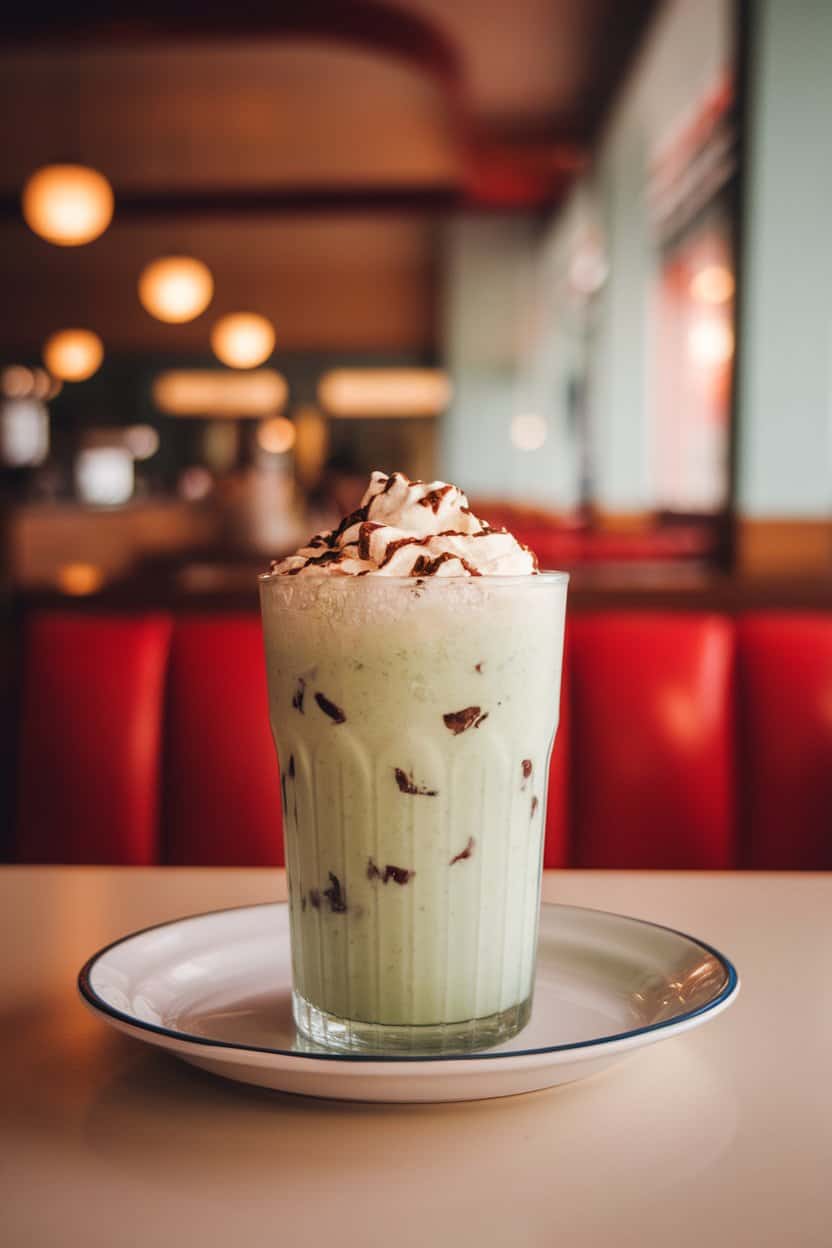 Indoor photo of a tall frosted glass filled with pale green mint milkshake, chocolate chips visible throughout, topped with coconut whipped cream. Retro diner lighting, no text or logos.