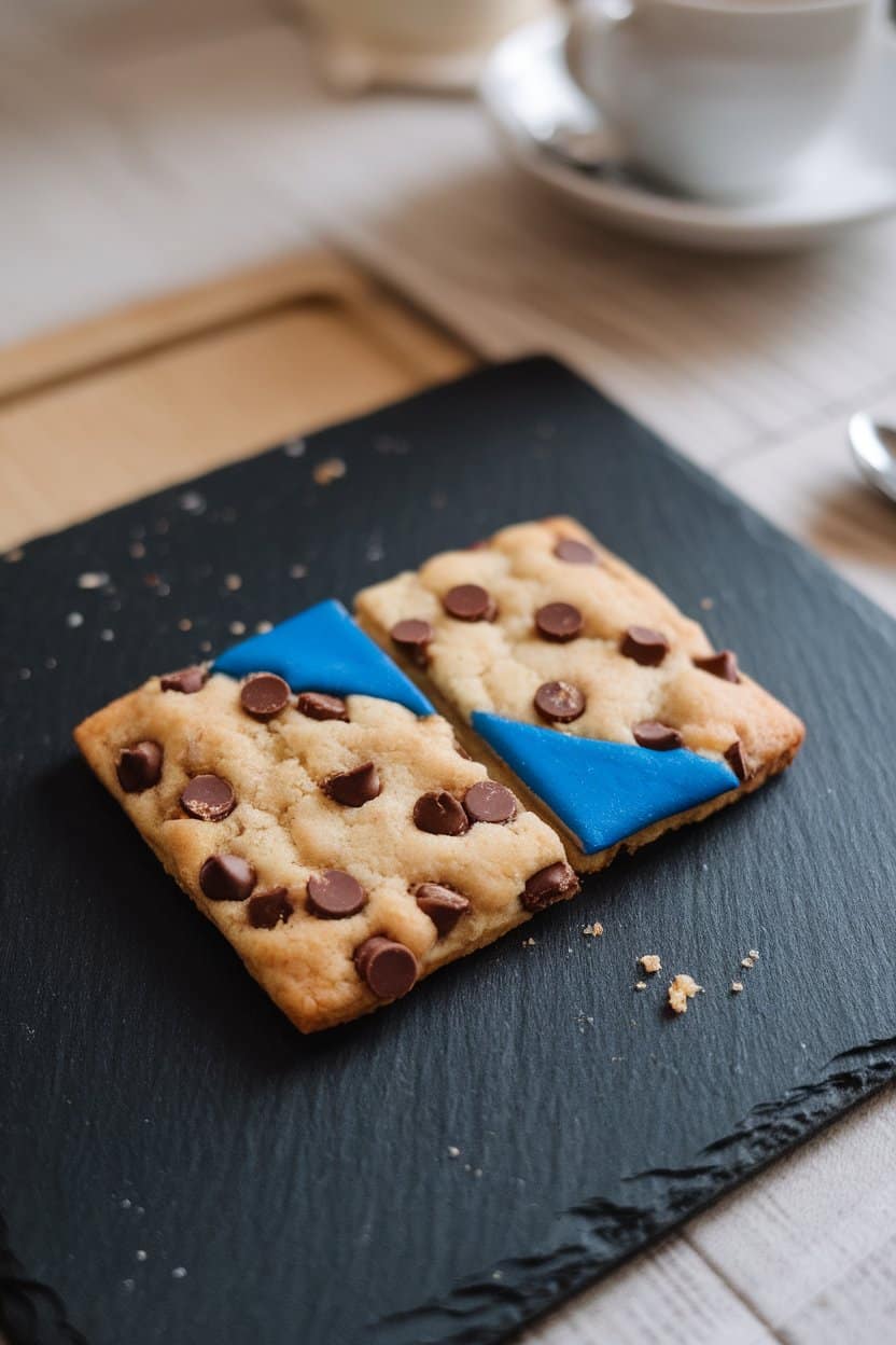 Photo of rectangular cookies split diagonally into two team colors, set on an indoor black slate board. No text or logos anywhere.