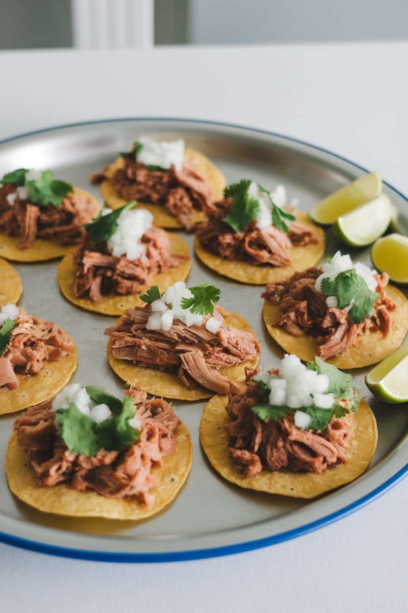 Indoor platter of small corn tortillas topped with tender carnitas, diced onion, and cilantro, lime wedges on the side, no logos or text.
