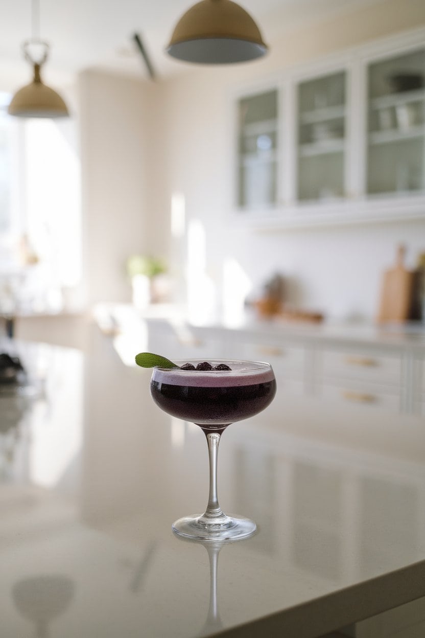 Photo of an indoor kitchen island displaying a coupe glass holding dark purple blackberry mocktail, tiny sage leaf resting on foam; soft pendant lighting; no text or logos.