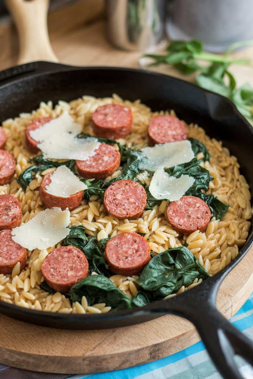 Photo of a cast-iron skillet indoors filled with orzo pasta, sliced sausage, wilted spinach, and Parmesan shavings. No text or logos present.