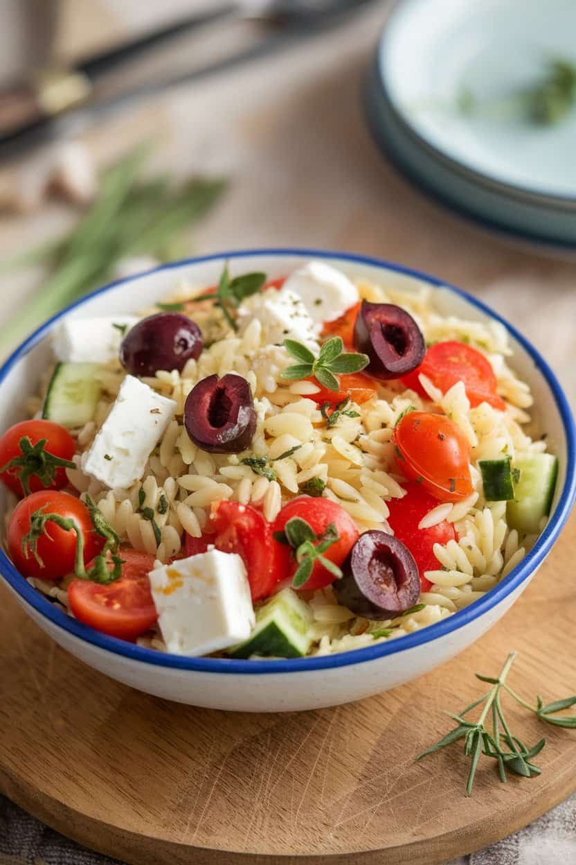 An indoor bowl of orzo mixed with cherry tomatoes, cucumbers, olives, and feta cubes, herbs sprinkled, no text or logos.