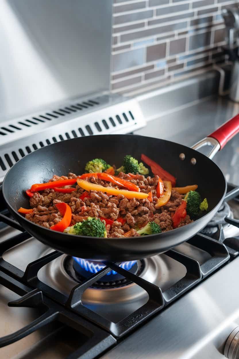 An indoor stovetop scene with a wok full of stir-fried ground beef, bell pepper strips, broccoli florets, and a glossy soy glaze. No text or logos.