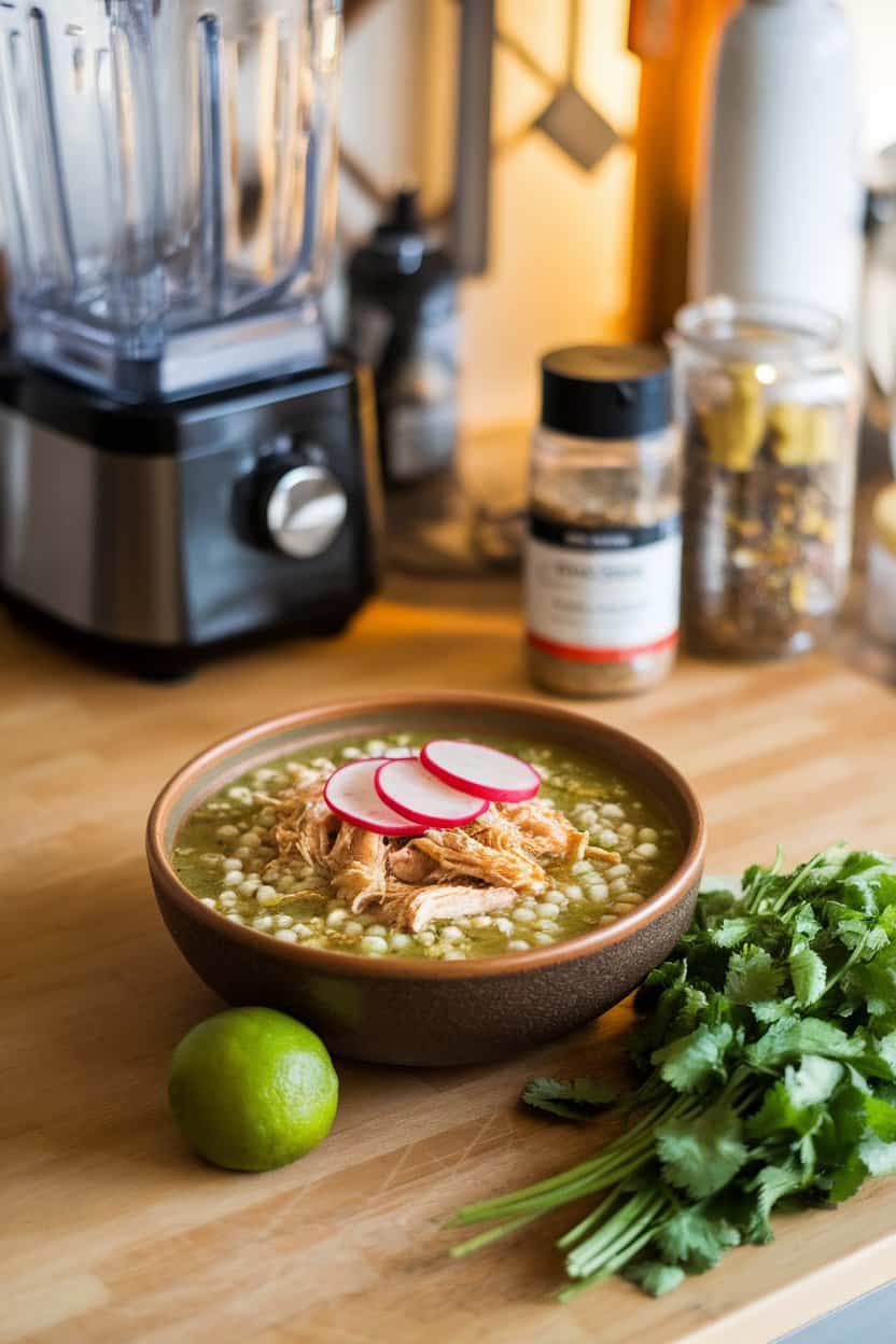Indoor kitchen counter displaying a bowl of green pozole with hominy, shredded chicken, and radish slices on top; no text or logos.