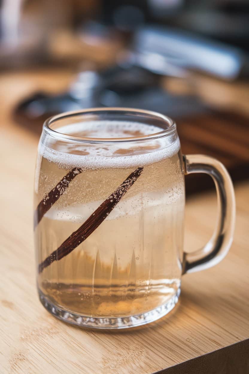 Indoor photo of a clear glass mug showcasing light amber soda with a thin foam head and visible vanilla bean specks; no logos or text.