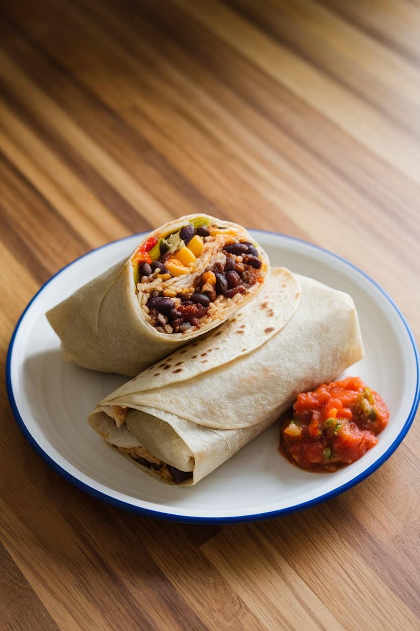 Indoor countertop with a neatly wrapped burrito cut in half to reveal black beans, rice, corn, and peppers, a dollop of salsa on the side. No text or logos, photo not illustration.