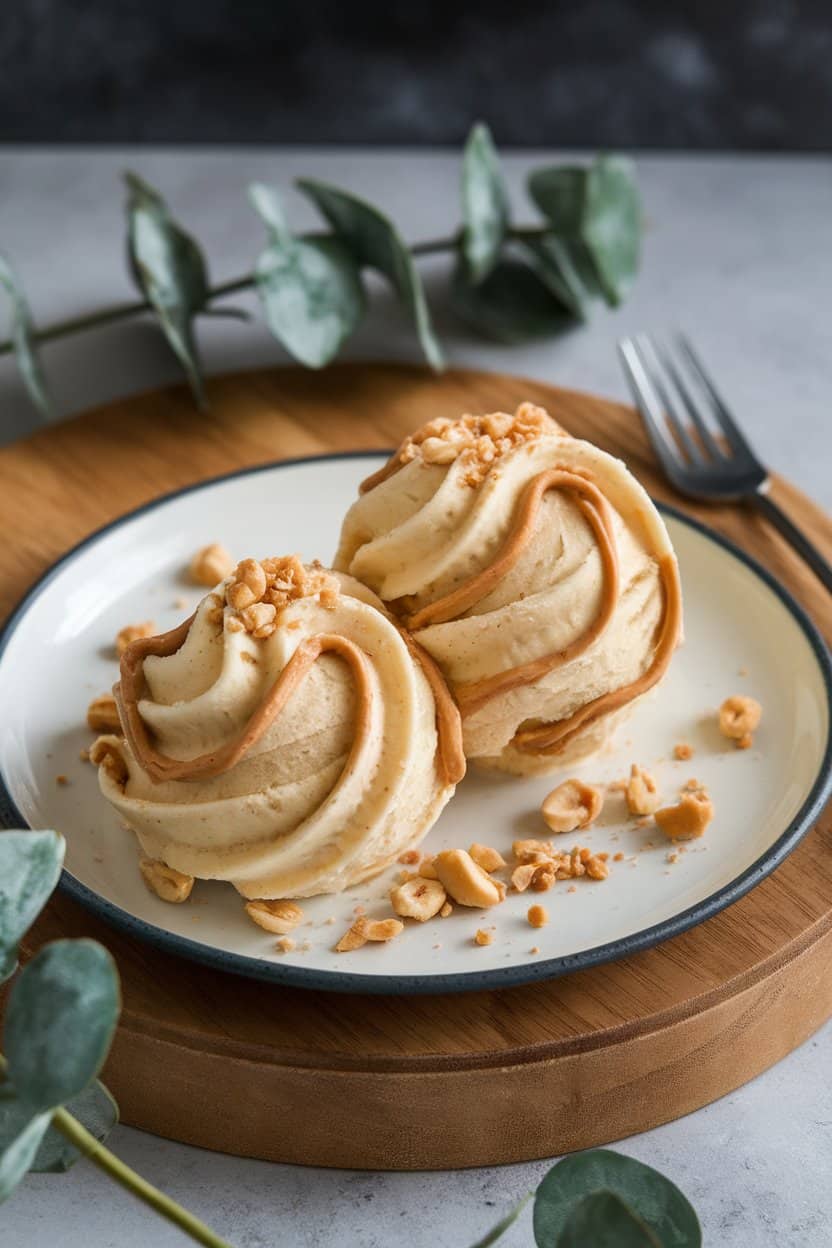 An indoor dessert plate holding scoops of creamy banana nice cream swirled with peanut butter ribbons, crushed peanuts scattered around. No text or logos in frame.