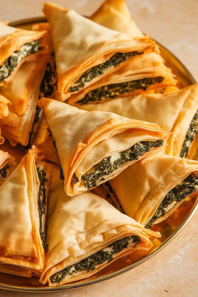 An indoor platter of golden phyllo triangles with visible spinach-feta filling at the edges, light catching flaky layers. No text or logos.