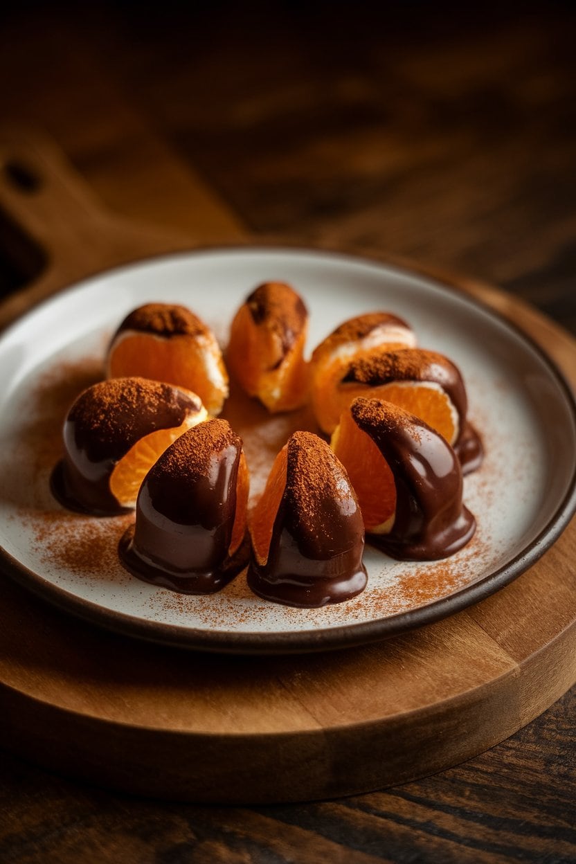 An indoor plate of glossy dark-chocolate-coated orange segments dusted with cinnamon; warm moody lighting; no text or logos.