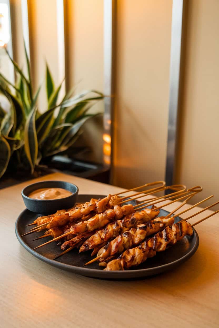 Indoor platter of skewered grilled chicken satay, small bowl of peanut dipping sauce on the side, no text or logos.