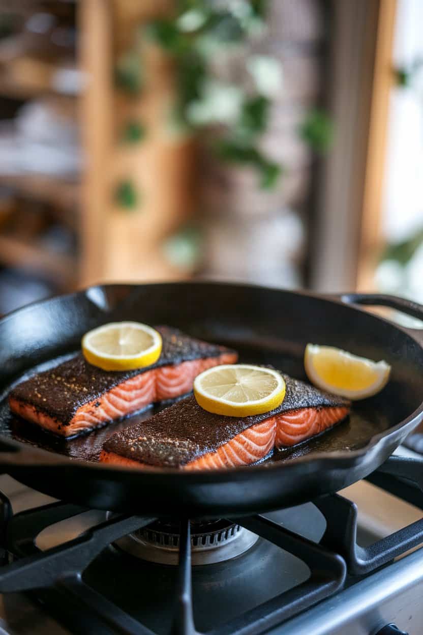 Photo of a cast-iron skillet on an indoor stove containing dark-spiced salmon fillets with a smoky crust, lemon wedges nearby. No text or logos.