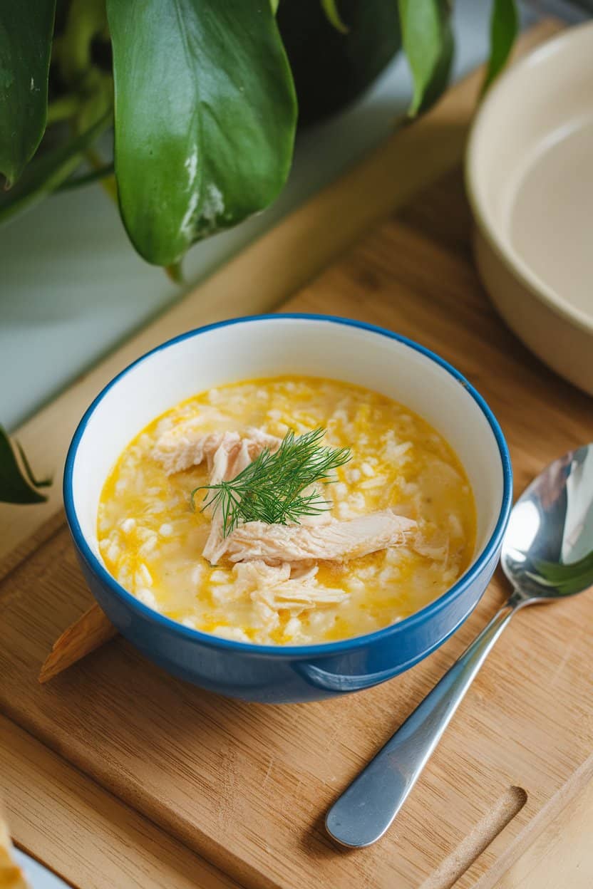 Indoor dining setting with a thicker lemon-egg rice soup featuring shredded chicken and dill; no text or logos.
