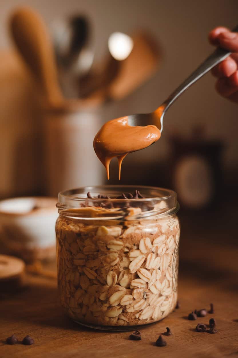 Cozy indoor shot of a spoon swirling peanut butter through a jar of cocoa-tinted oats, tiny chocolate chips sprinkled over the surface; no text or logos.