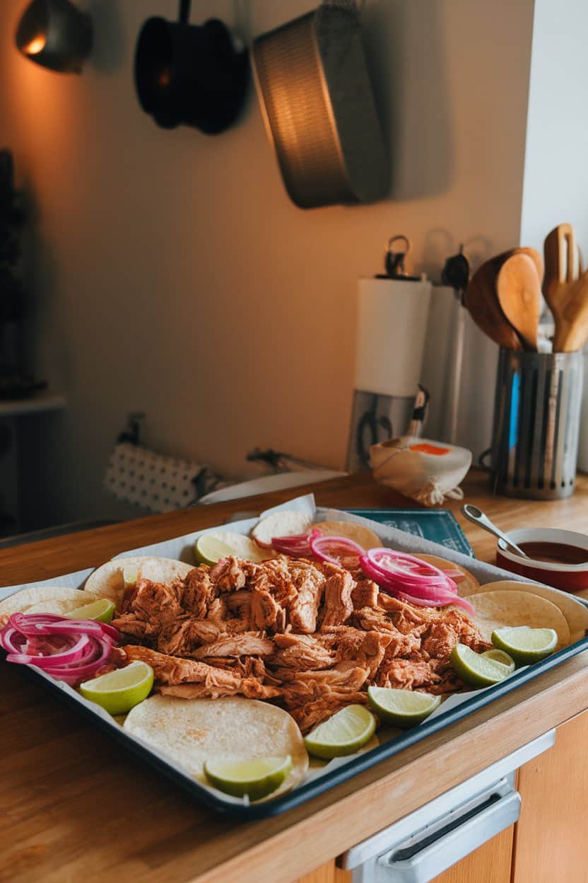 Indoor kitchen counter with a sheet pan lined with shredded barbecue chicken, mini flour tortillas, pickled red onions, and lime wedges; warm ambient light; no text or logos.
