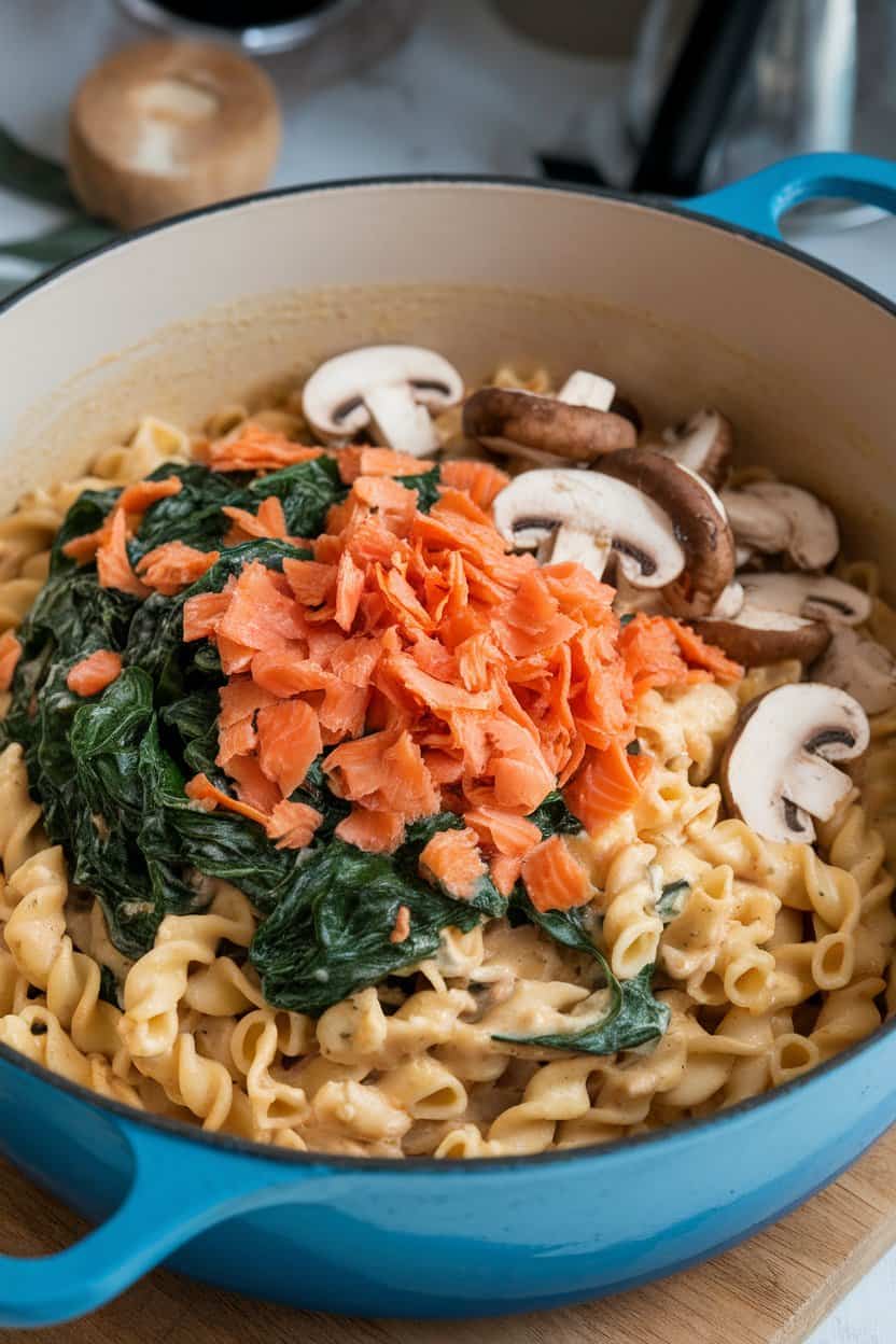Photo of an indoor Dutch oven filled with creamy pasta, wilted spinach, mushrooms, and salmon flakes. No text or logos.