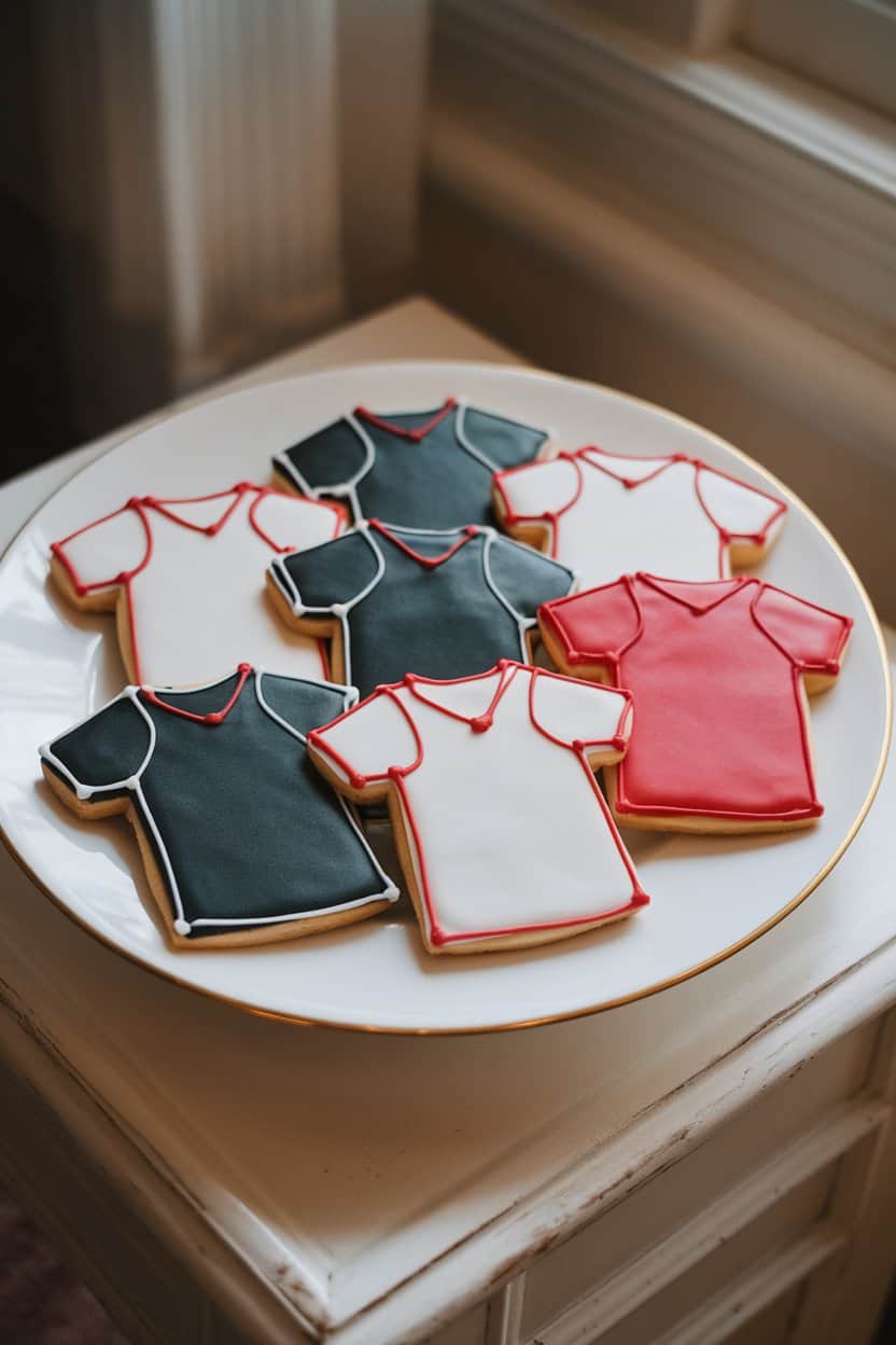 Photo of jersey-shaped butter cookies decorated in two contrasting team colors, arranged on a white plate, indoor setting with soft light. No text or logos visible.