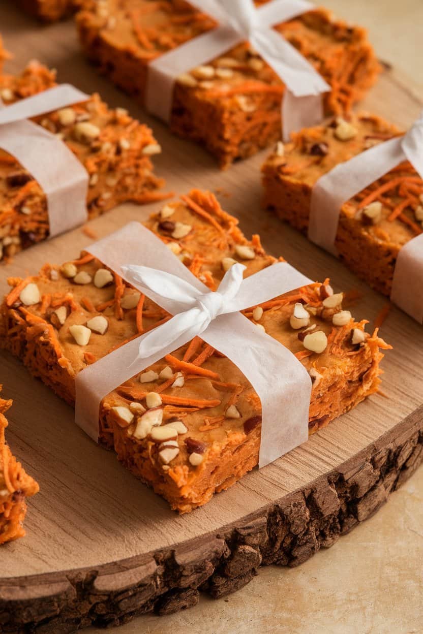 An indoor wooden board with rectangular bars flecked with shredded carrot and nut pieces, tied with parchment strips; no text or logos.