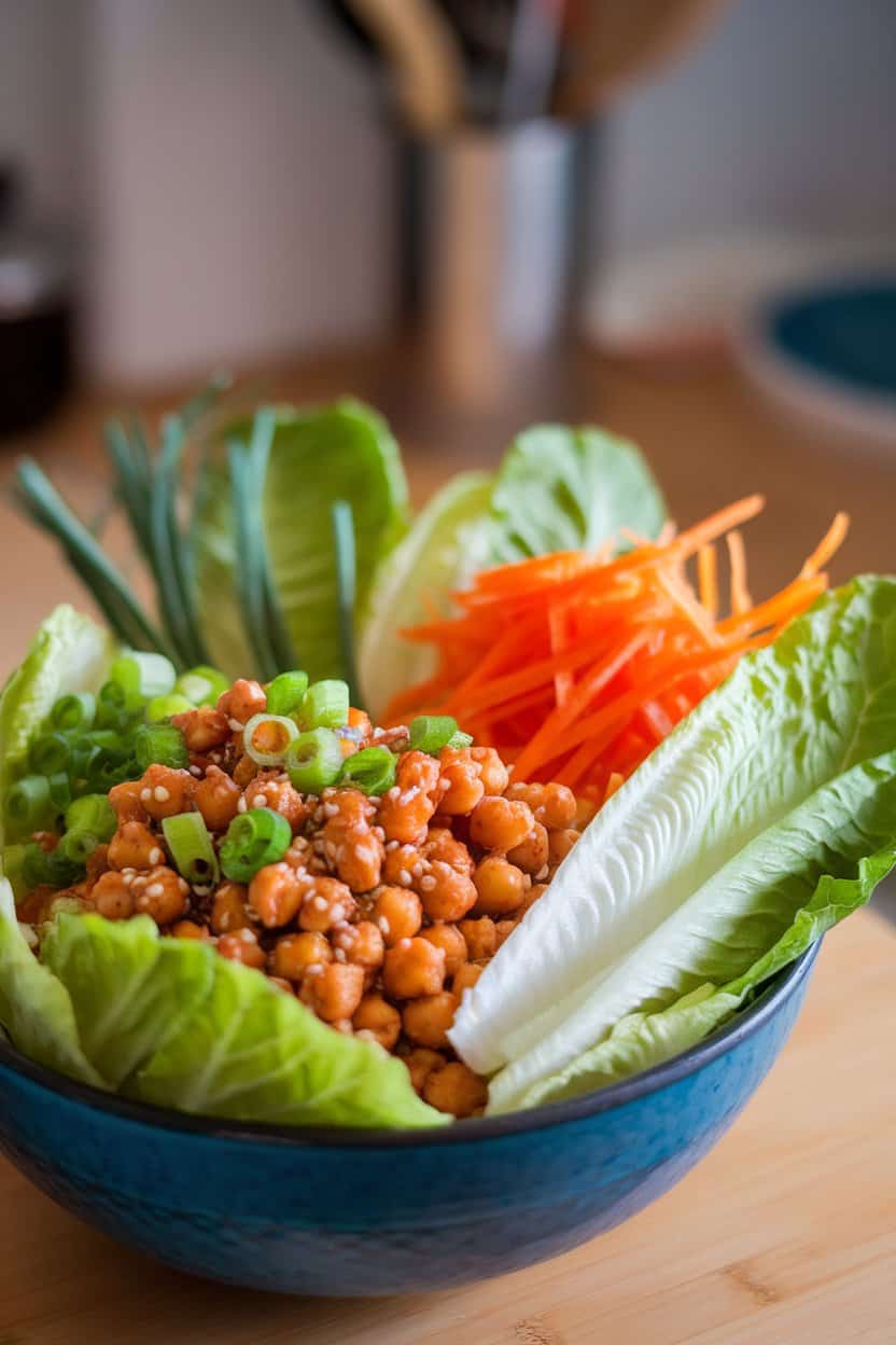 Indoor photo of romaine leaves filled with sesame-glazed chickpeas, julienned carrots, and green onions. No text or logos.