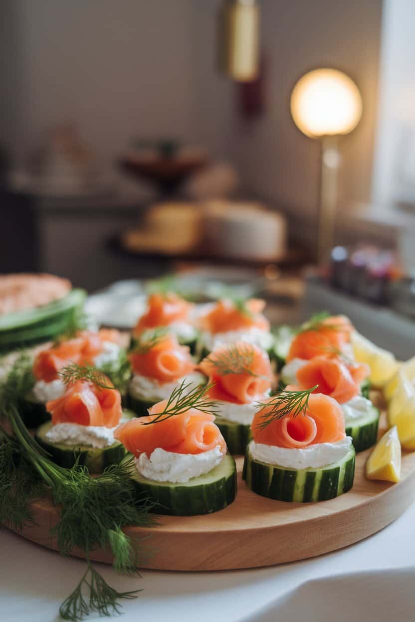 A softly lit indoor platter featuring cucumber slices topped with whipped cream cheese, smoked salmon ribbons, and dill sprigs. No text or logos.