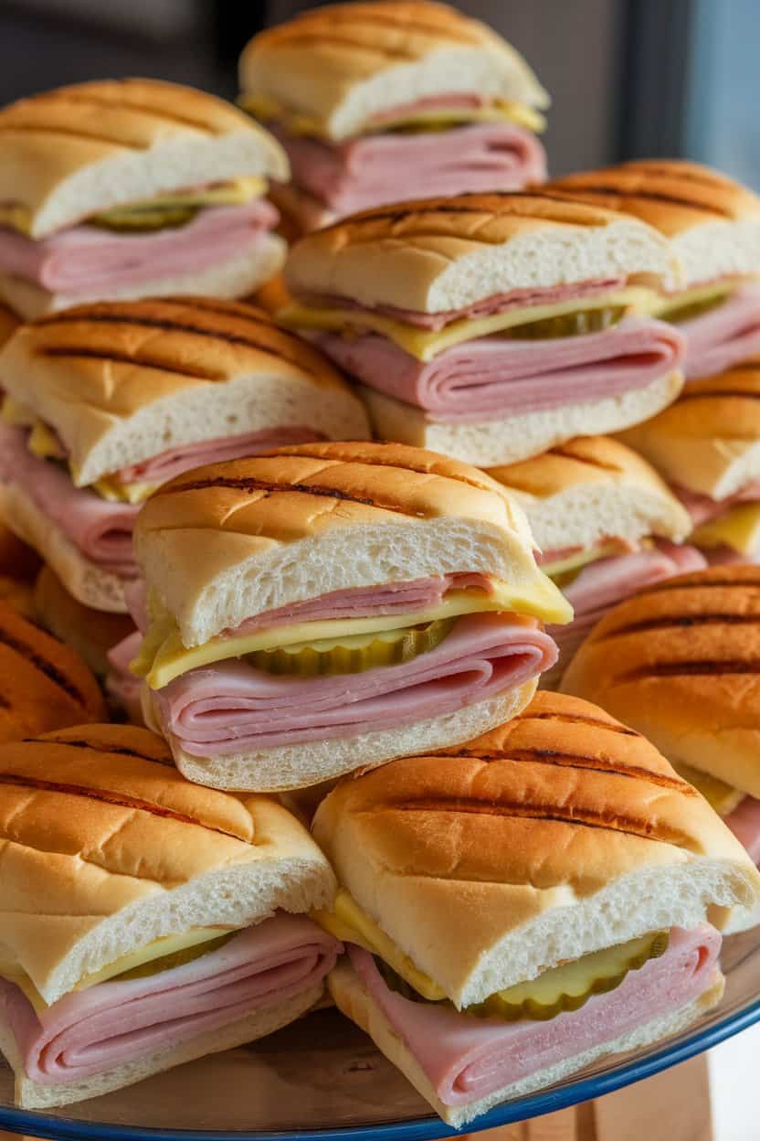 Indoor platter with mini sandwich rolls layered with ham, roast pork, Swiss cheese, pickles, and mustard; grill press marks visible; no text or logos.