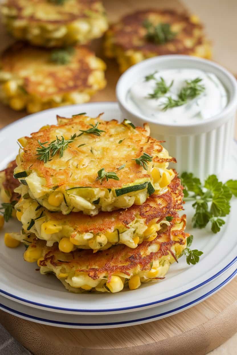 Indoor photo of a plate stacked with golden zucchini-corn fritters, a small ramekin of yogurt dip on the side. No text or logos visible.