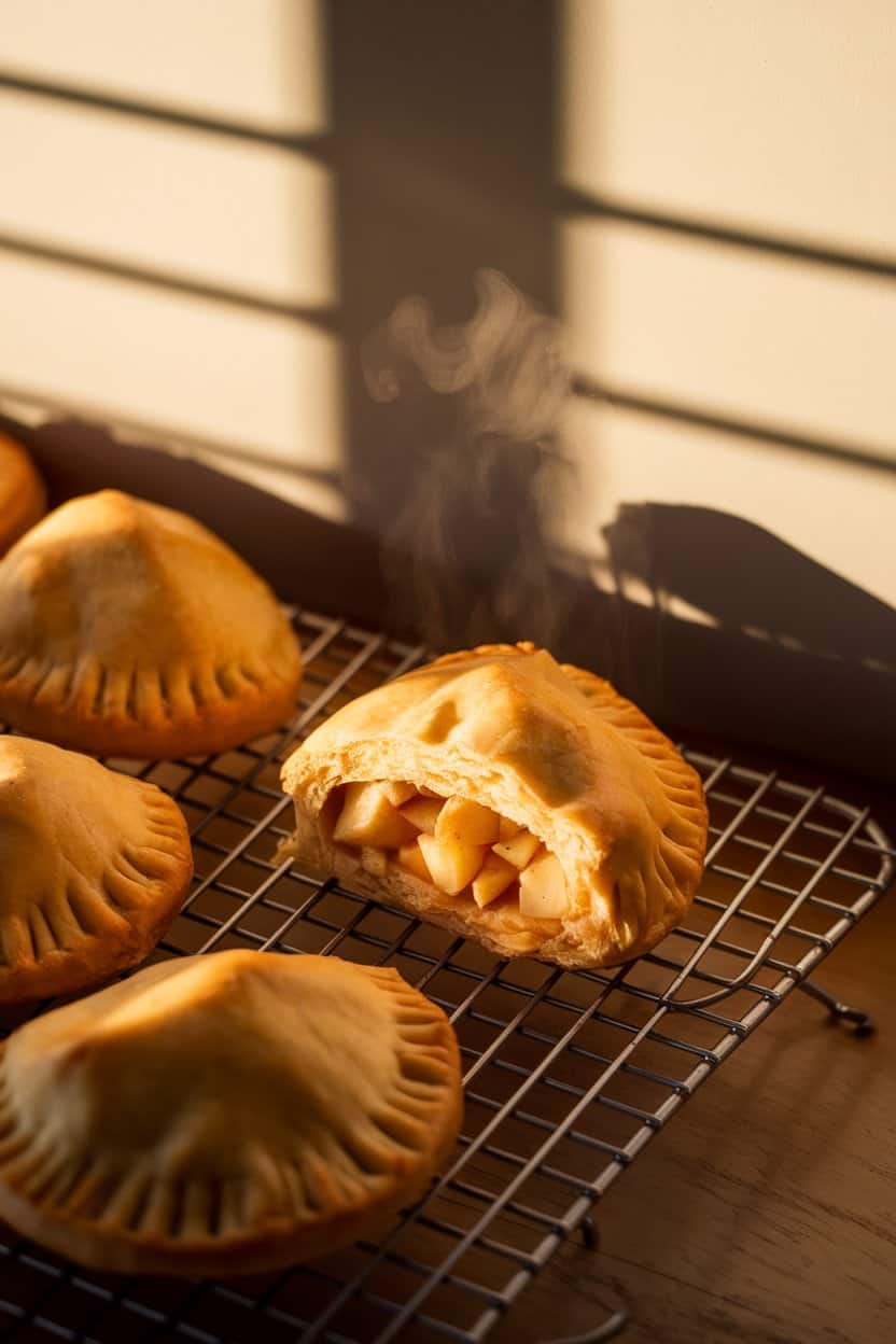 Indoor photo of golden hand pies on a cooling rack, one broken open to reveal apple filling gently steaming. Warm evening light, no text or logos.