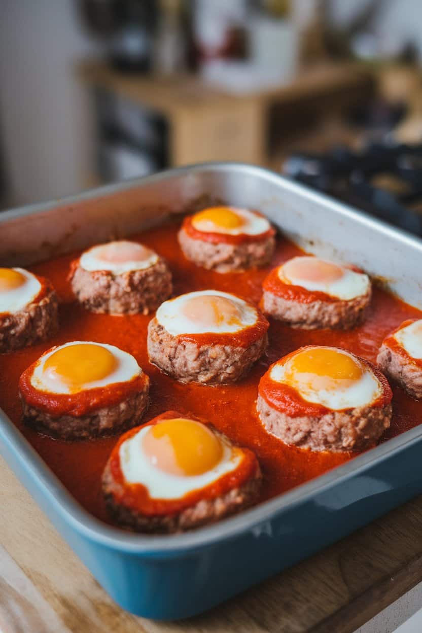 Indoor photo of a baking dish showing turkey meatballs each with a baked egg in the center, tomato sauce pooled around; no text or logos