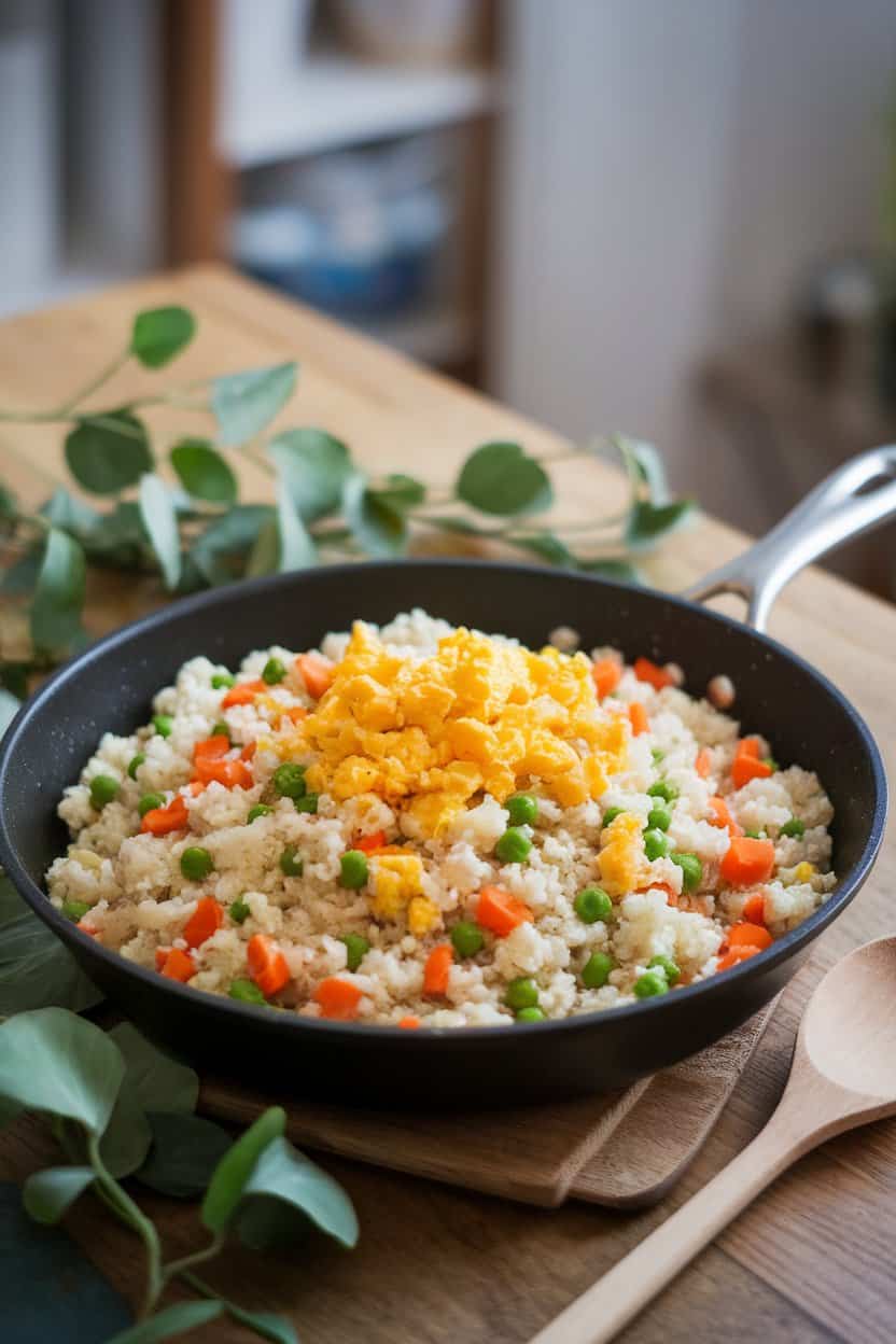 Indoor photo of a skillet filled with cauliflower rice stir-fried with peas, carrots, and scrambled egg bits; no text or logos