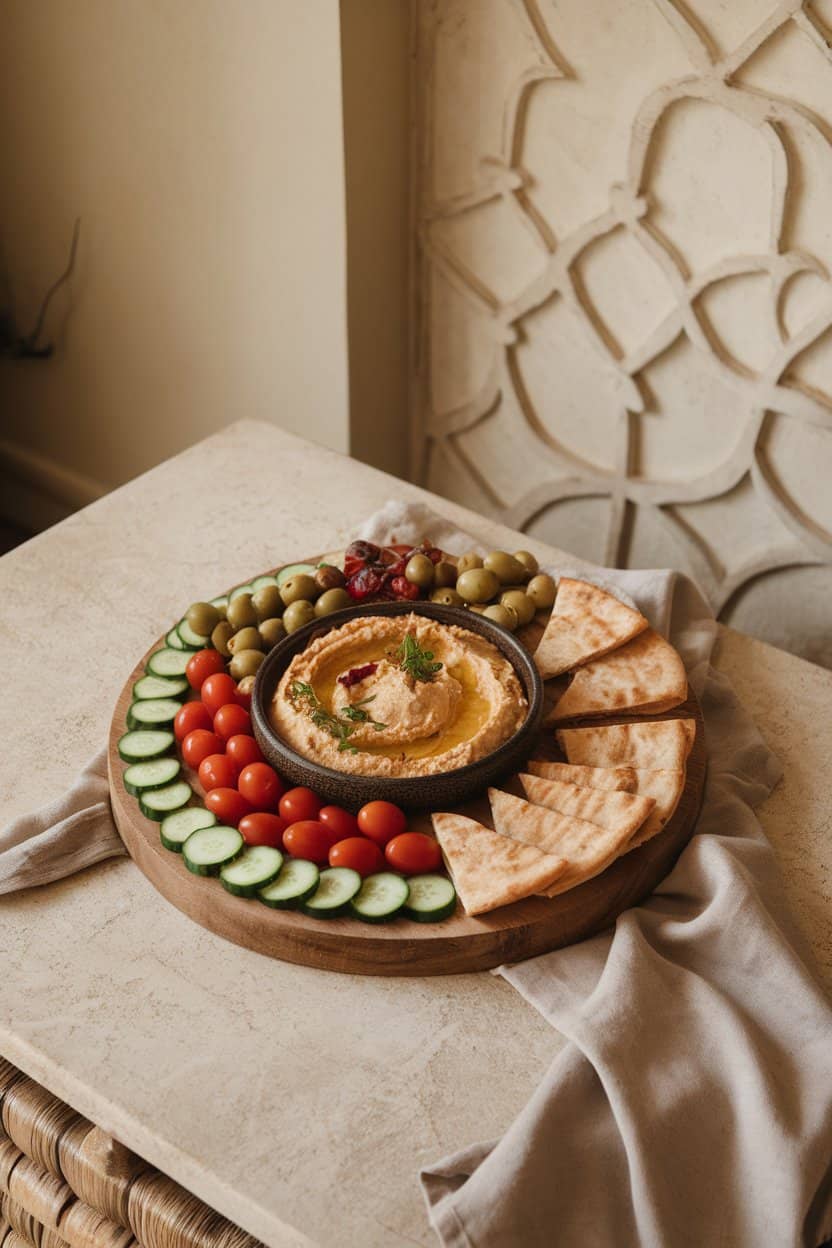 Indoor coffee table with a wooden board showcasing a bowl of hummus surrounded by cucumber rounds, cherry tomatoes, olives, and warm pita wedges; no text or logos.
