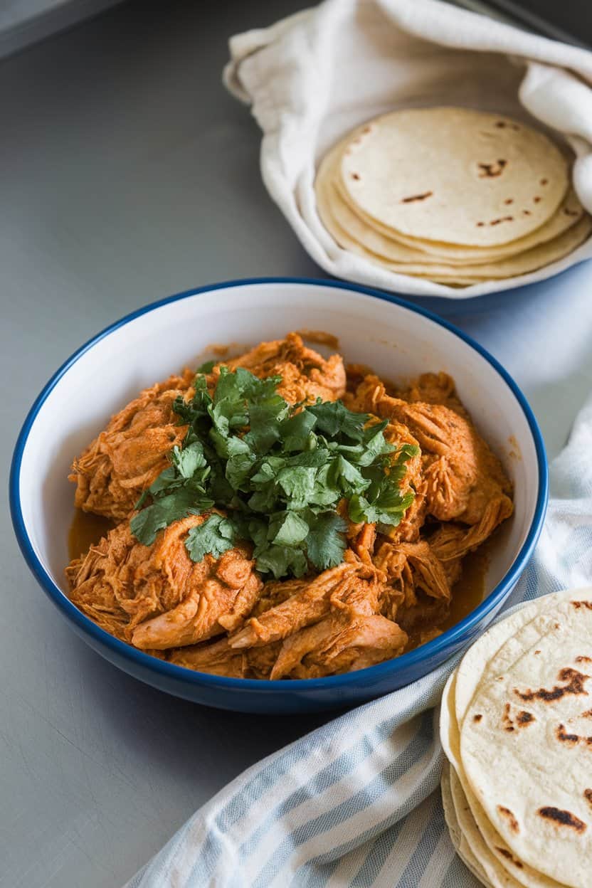 Indoor counter with a bowl of shredded salsa verde chicken thighs garnished with chopped cilantro, warm tortillas nearby. Photo, no branding.