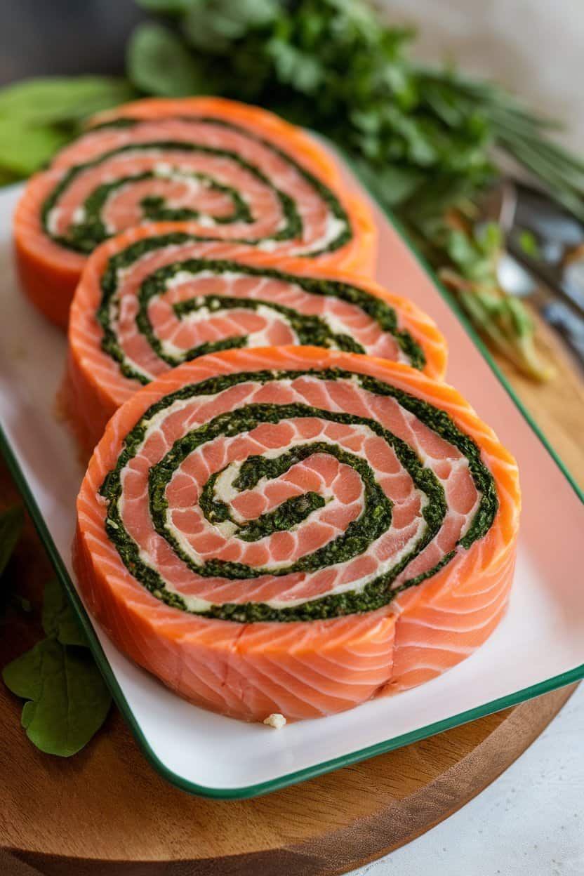 Photo of an indoor serving platter displaying salmon pinwheels revealing a spinach and feta filling, cut crosswise for a spiral effect. No text or logos.