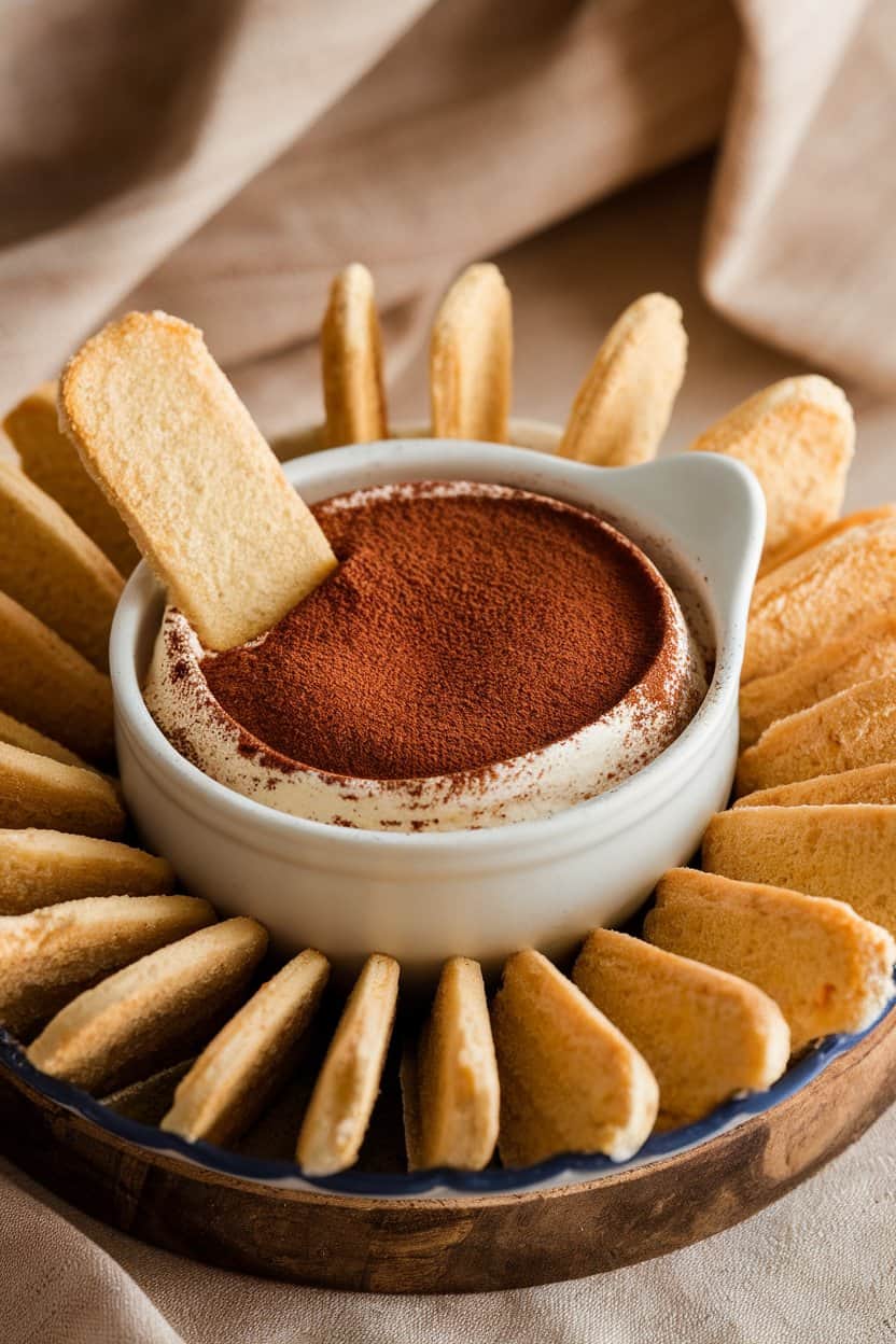 Indoor serving bowl of creamy tiramisu dip dusted with cocoa powder, surrounded by crisp ladyfingers for dipping. No text or logos, photo.