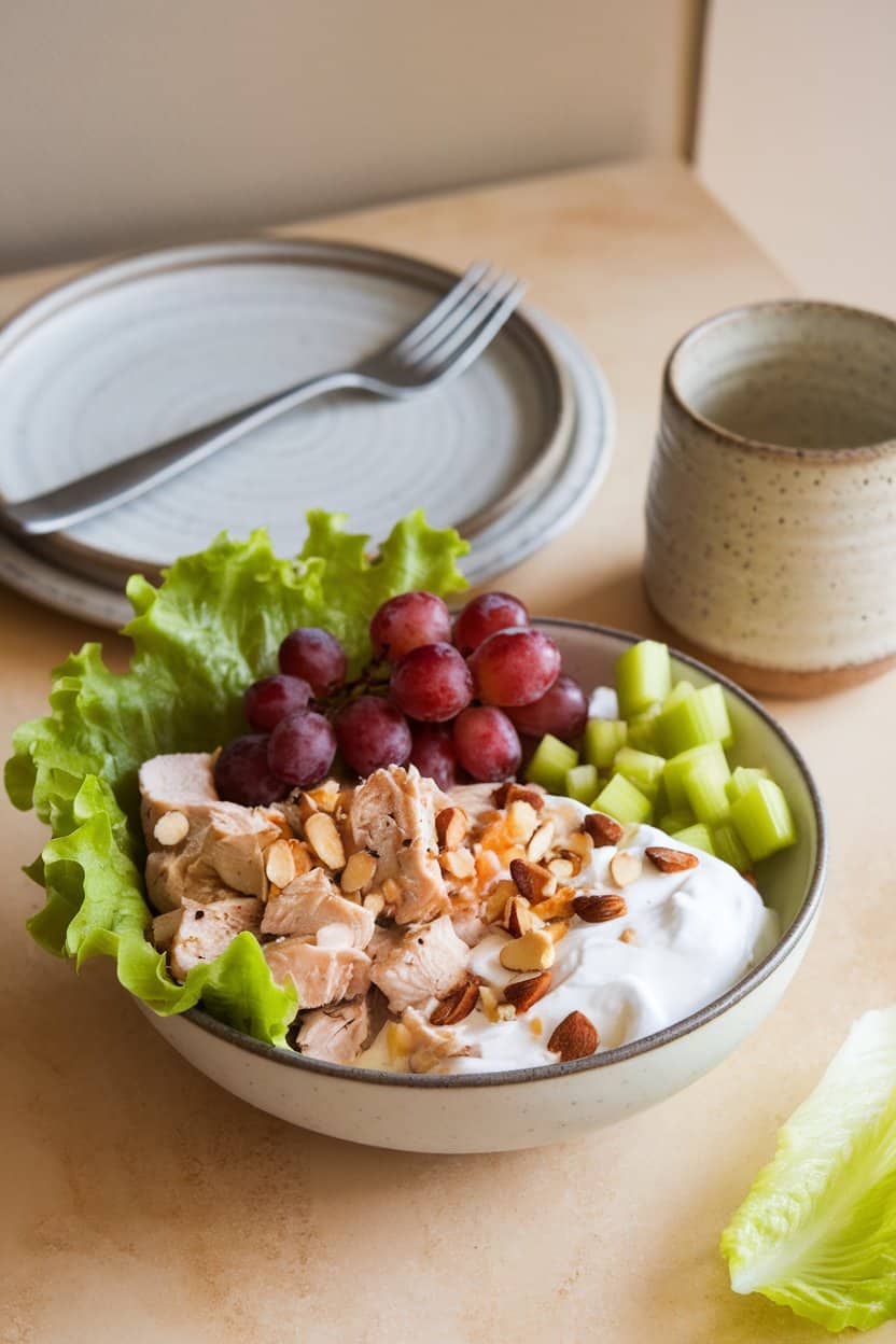 Indoor lunch table showing a bowl of diced chicken mixed with Greek yogurt, red grapes, celery, and chopped almonds, lettuce leaves nearby. No text or logos, photo not illustration.