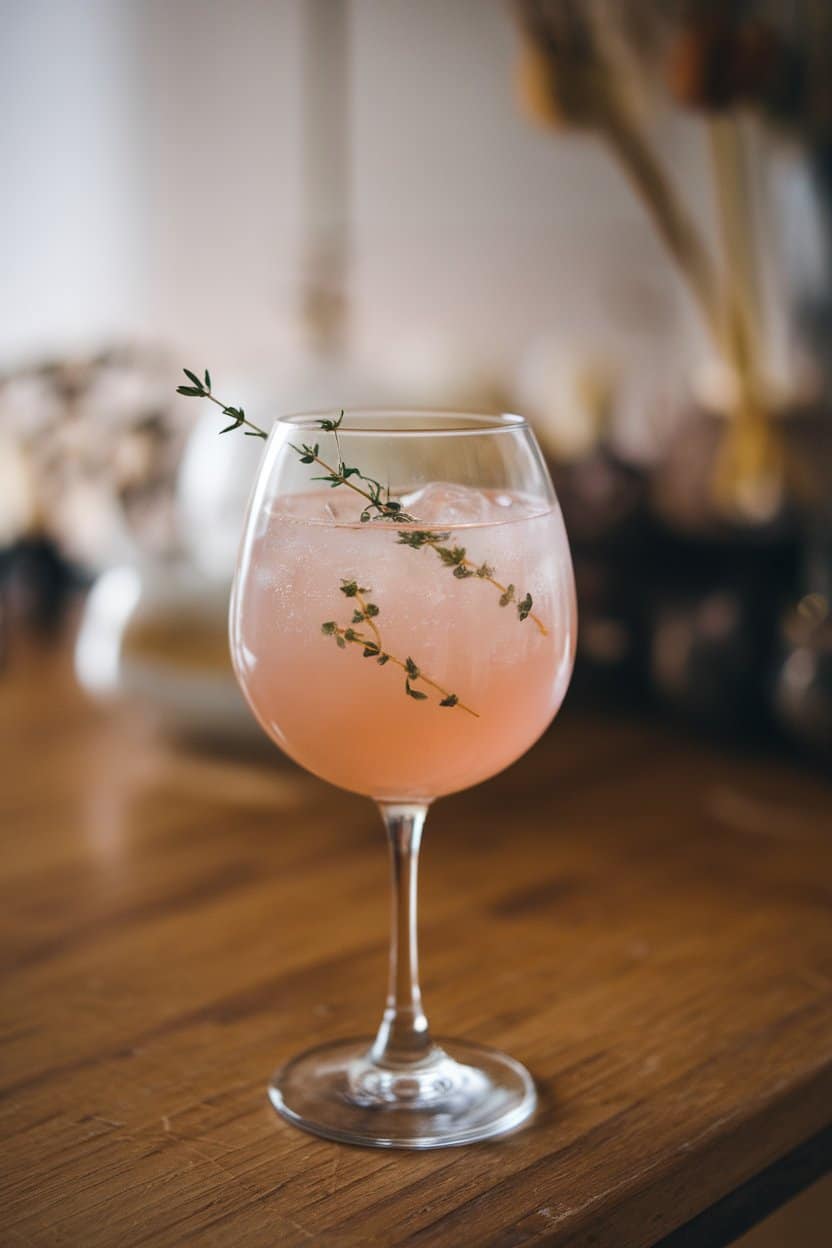 Indoor wooden table featuring a clear wine glass of pale-pink grape mocktail with tiny thyme sprigs floating inside. No logos or text. Photo only.