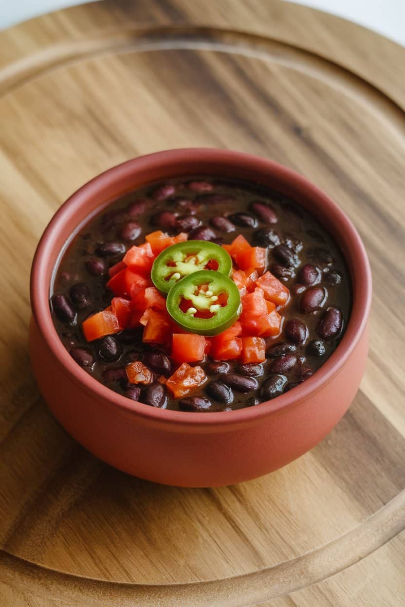 Indoor photo of black bean soup in a matte red bowl, topped with diced tomatoes and jalapeño slices. No text or logos.