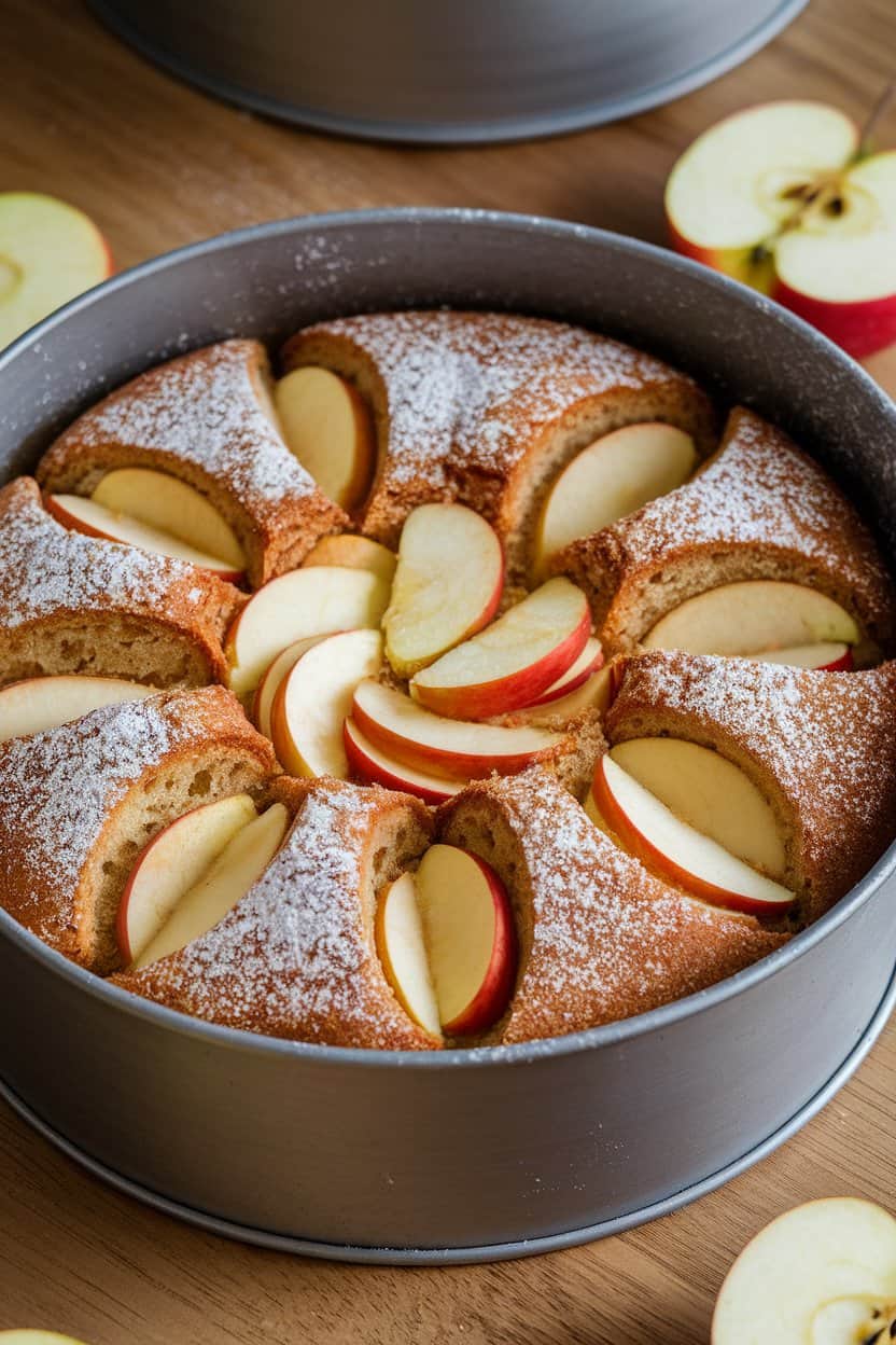 Indoor cake tin containing rustic Kerry apple cake dusted with superfine sugar, apple slices visible just under the crust. No text or logos. Photo.