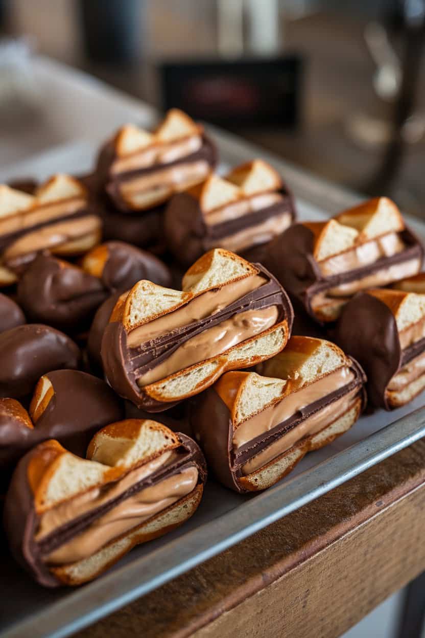 Photograph taken indoors of pretzel sandwiches filled with peanut butter and half-dipped in chocolate, arranged on a tray, no logos or text.
