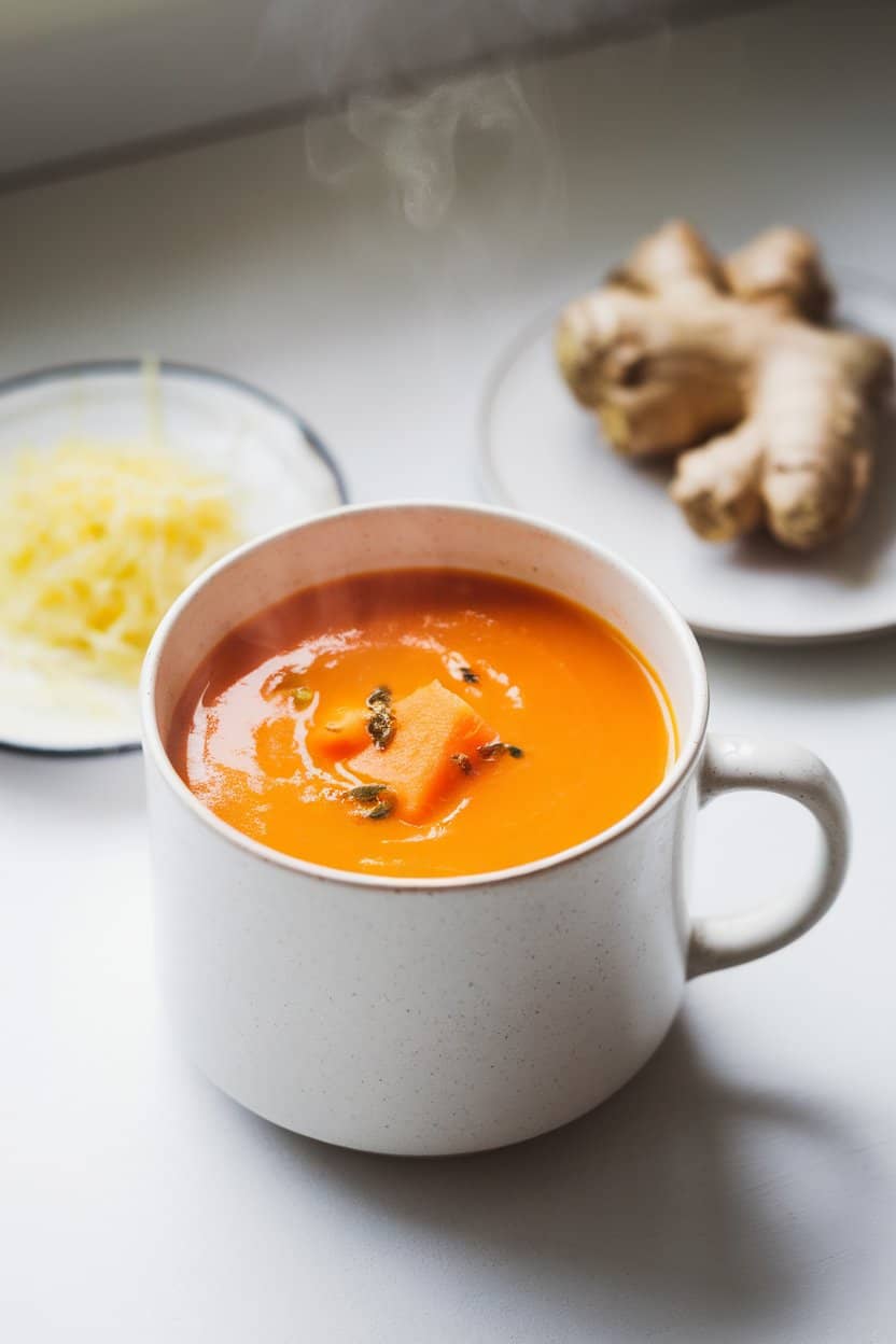 Indoor photo of bright orange carrot-ginger soup in a white mug, steam visible, with grated fresh ginger on a plate nearby. No text or logos.