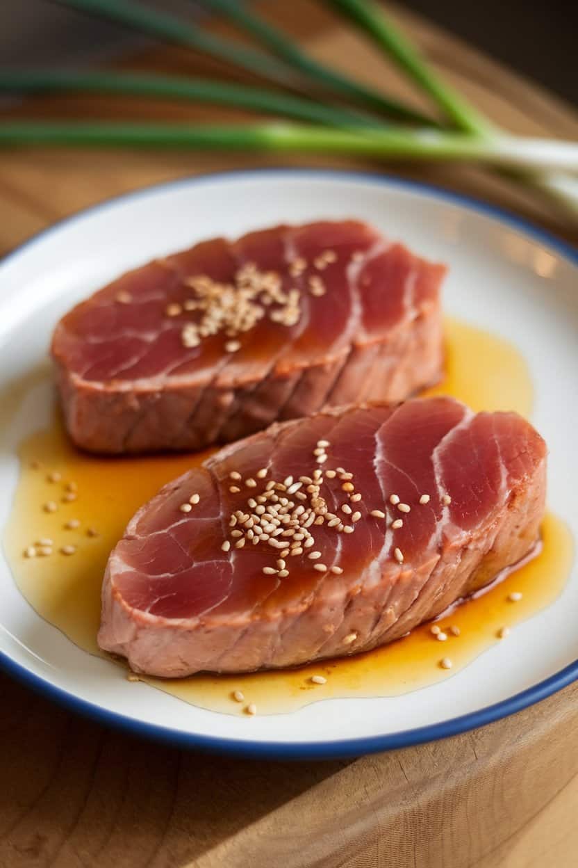 Indoor photo of two cooked tuna steaks with caramelized honey-soy glaze, sesame seeds sprinkled on top, no text or logos
