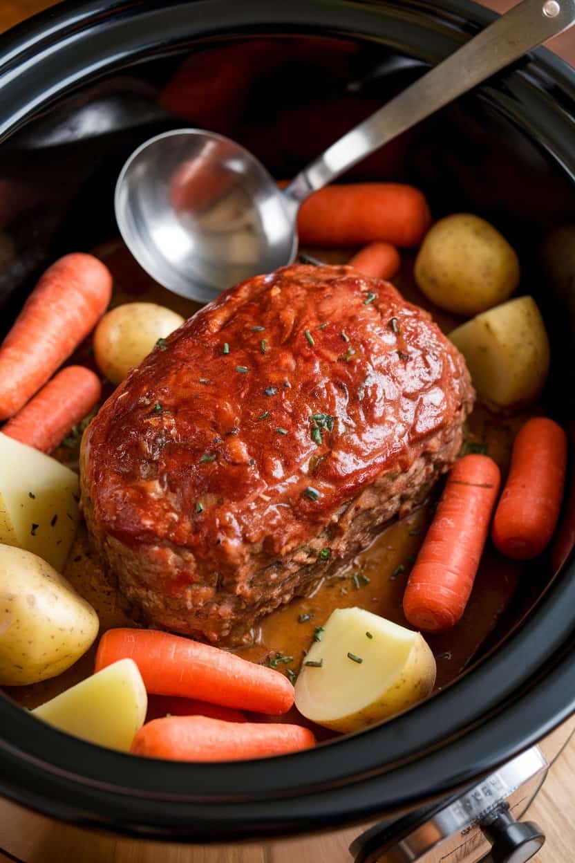 An indoor slow cooker holding a hearty meatloaf surrounded by carrots and potatoes, ladle resting nearby. No text or logos. Photo only.
