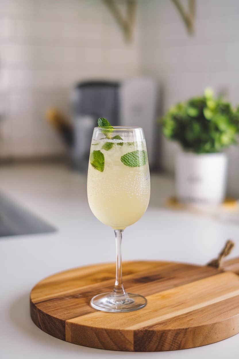 A photo of a stemless flute inside a bright kitchen, containing pale yellow lemon-ginger mocktail with visible mint leaves and light effervescence. No logos or text anywhere.