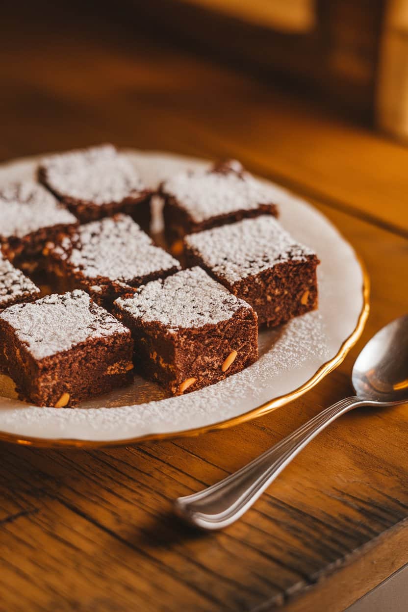 An indoor dessert plate with bite-size brownie squares topped with a dusting of powdered sugar; warm light; no text or logos.