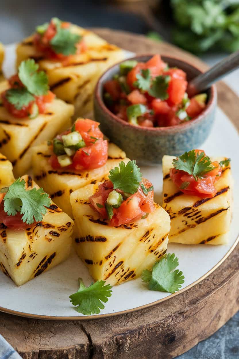 An indoor platter showcasing bite-sized grilled pineapple squares topped with a spoonful of tomato-jalapeño salsa and cilantro. Photo, no text or logos.