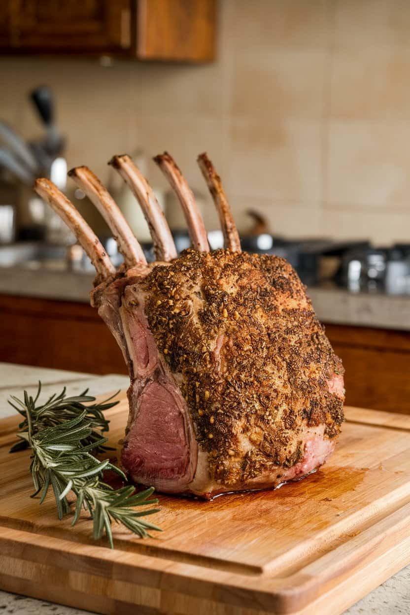 An indoor carving board with a sliced medium-rare rack of lamb, herb crust browned and aromatic, rosemary sprigs alongside. No text or logos in scene.