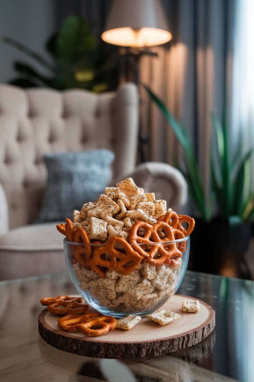 Indoor snack bowl heaped with mini pretzels, oyster crackers, and cereal pieces coated in a ranch seasoning; soft living-room lighting; no text or logos.