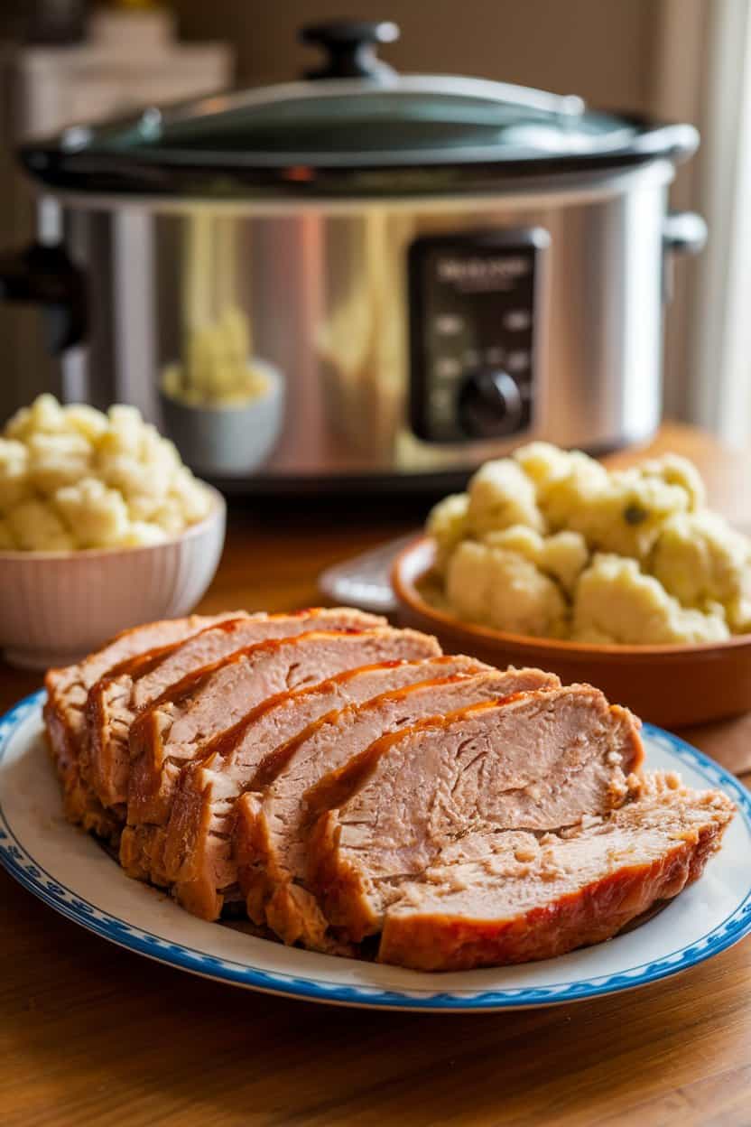 Indoor dining table with thick slices of glazed turkey meatloaf on a platter, mashed cauliflower alongside; slow cooker in soft focus. No text or logos.